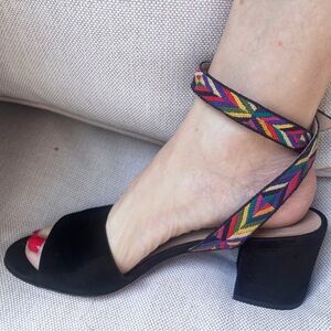 Valentino Garavani Black Suede Slide Sandals with Multicolor Ankle Strap Sz 9